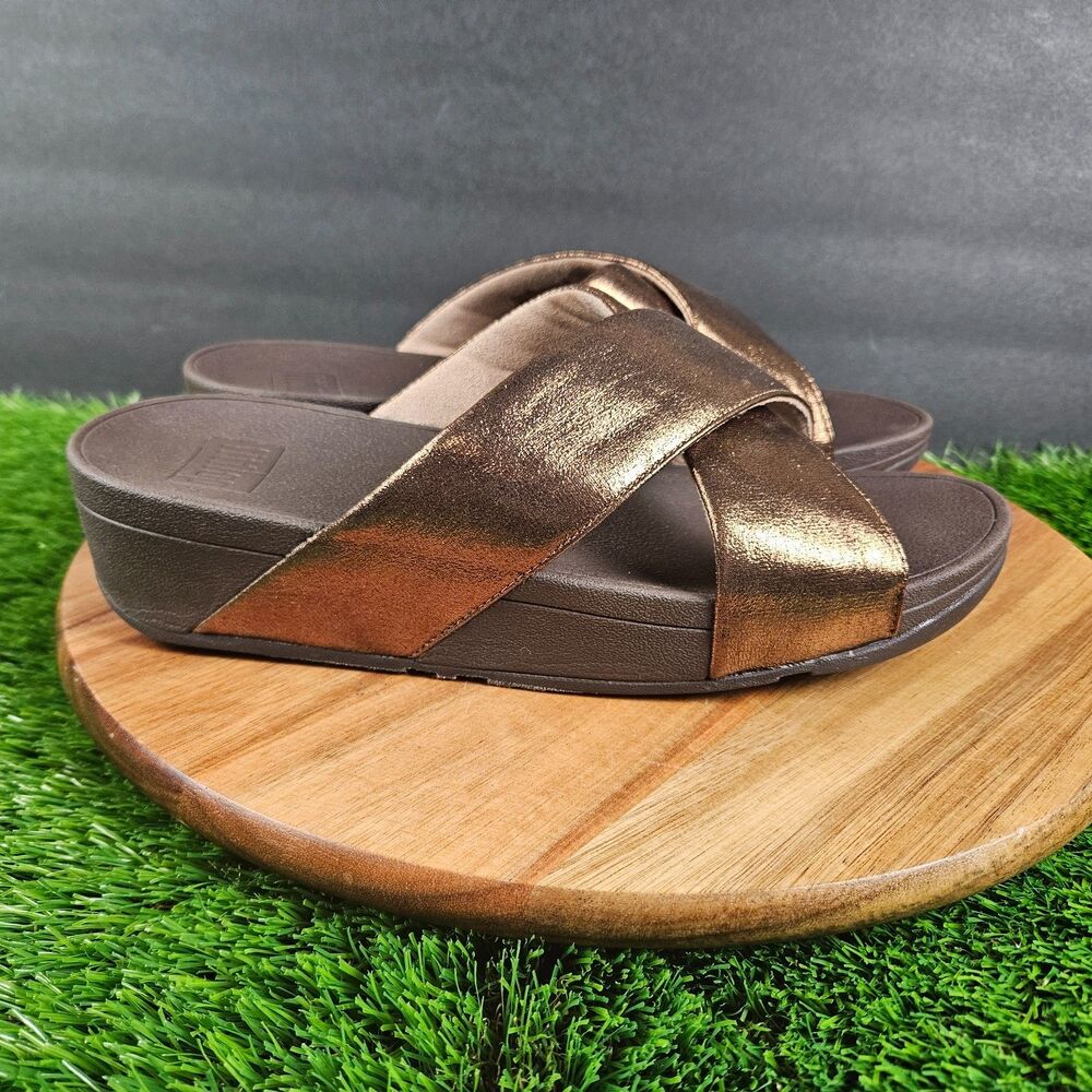 FitFlop Lulu Sandals Women's 9 Metallic Bronze Leather Comfort Cross Strap Wedge